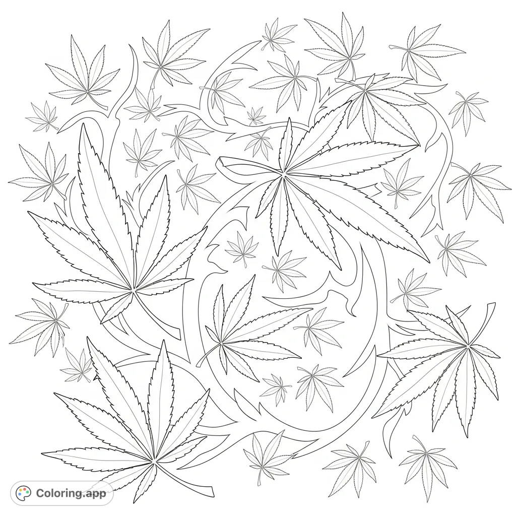 Dynamic composition of stylized cannabis leaves in an energetic, intertwining spiral pattern. A captivating abstract cannabis leaves coloring page.