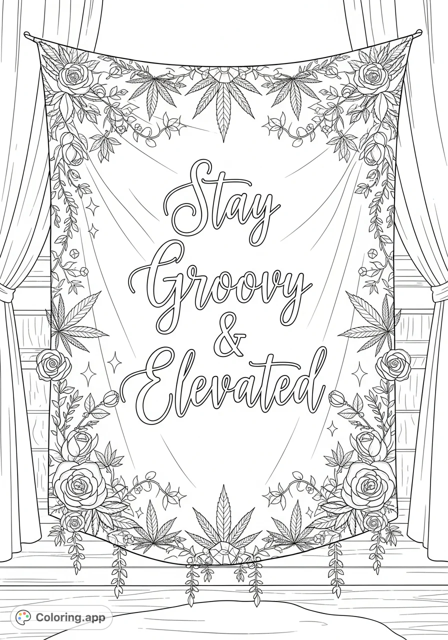 An intricate wall hanging featuring 'Stay Groovy & Elevated' in elegant script, bordered by cannabis leaves, rosebuds, and sparkling gems, set in a bohemian interior.