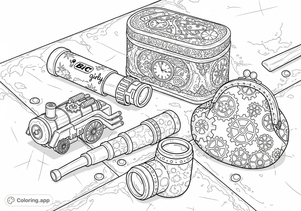 Discover a captivating steampunk cannabis accessories coloring page, featuring a steam-engine lighter, ornate container, telescope pipe, and cog-adorned purse on oxidized metal.