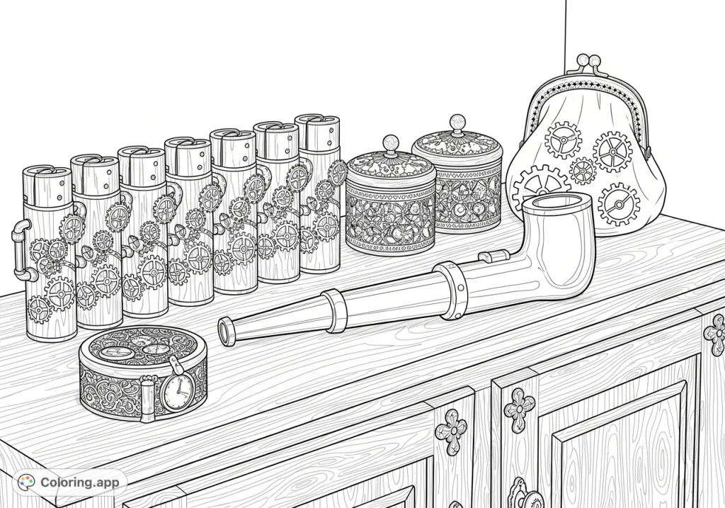 An intricate steampunk cannabis accessories display featuring gear-themed lighters, ornate containers, a polished pipe, and a gear-motif coin purse on an antique cabinet.