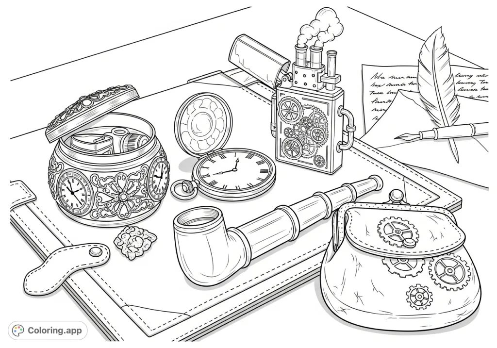 Discover a detailed steampunk cannabis accessories coloring page. Features a steam engine lighter, telescope pipe, and ornate containers on a leather desk.