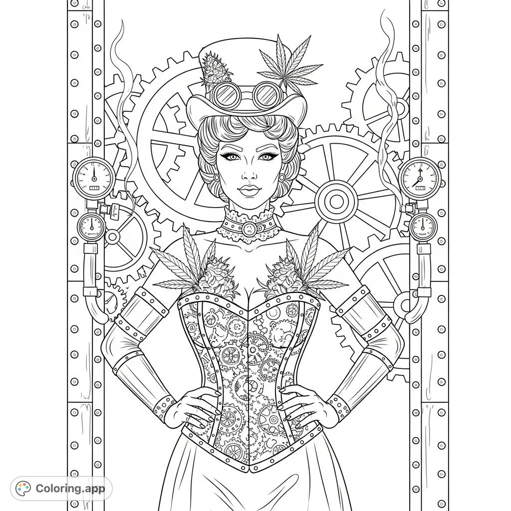 A confident steampunk pinup figure adorned with gears and cannabis elements, set against a backdrop of colossal clockwork machinery. A unique adult coloring page.