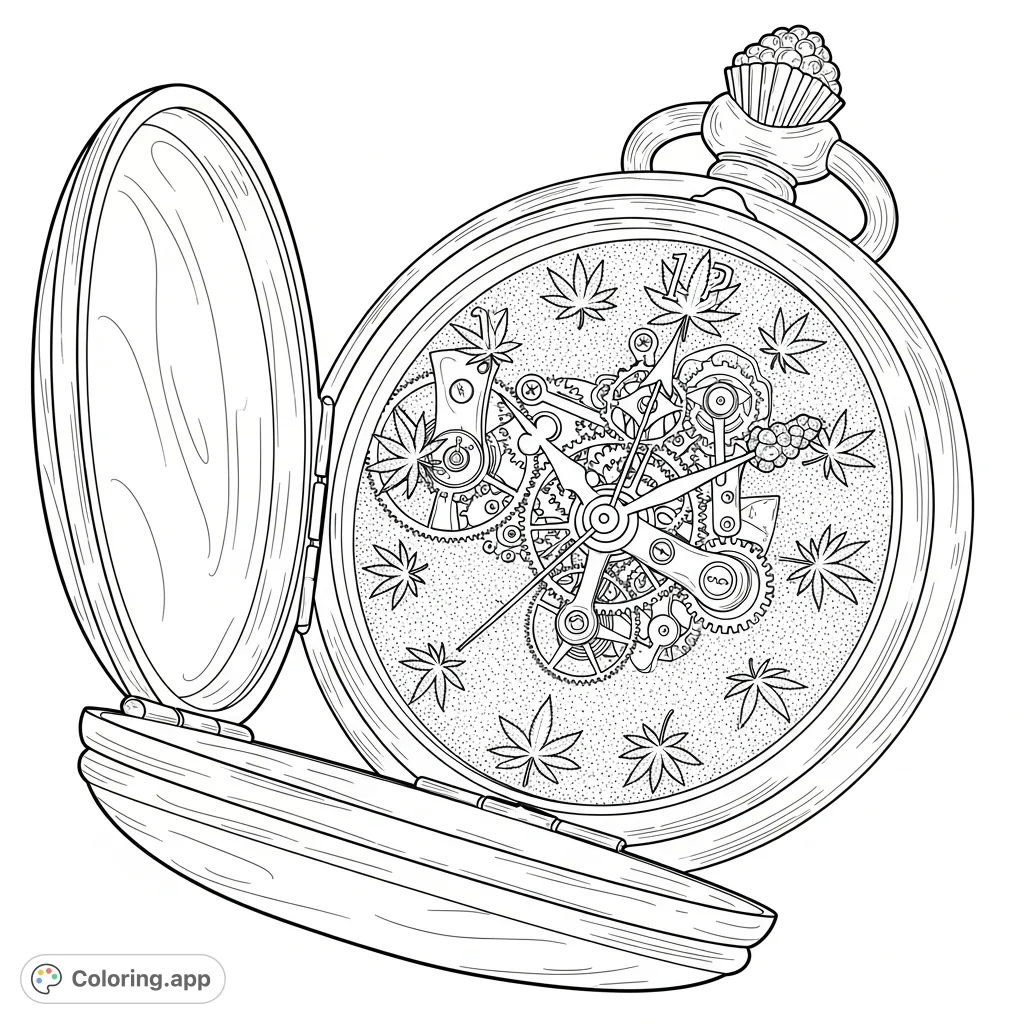 Discover a unique steampunk pocket watch coloring page, intricately detailed with gears, springs, and cannabis leaves marking the hours.