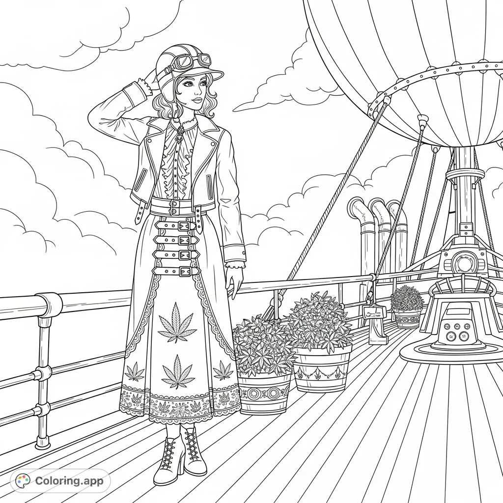 A majestic cannabis queen on a steampunk airship, adorned in an aviator jacket and intricate lace, surveys a cloudy sky. Perfect for fans of unique fantasy.