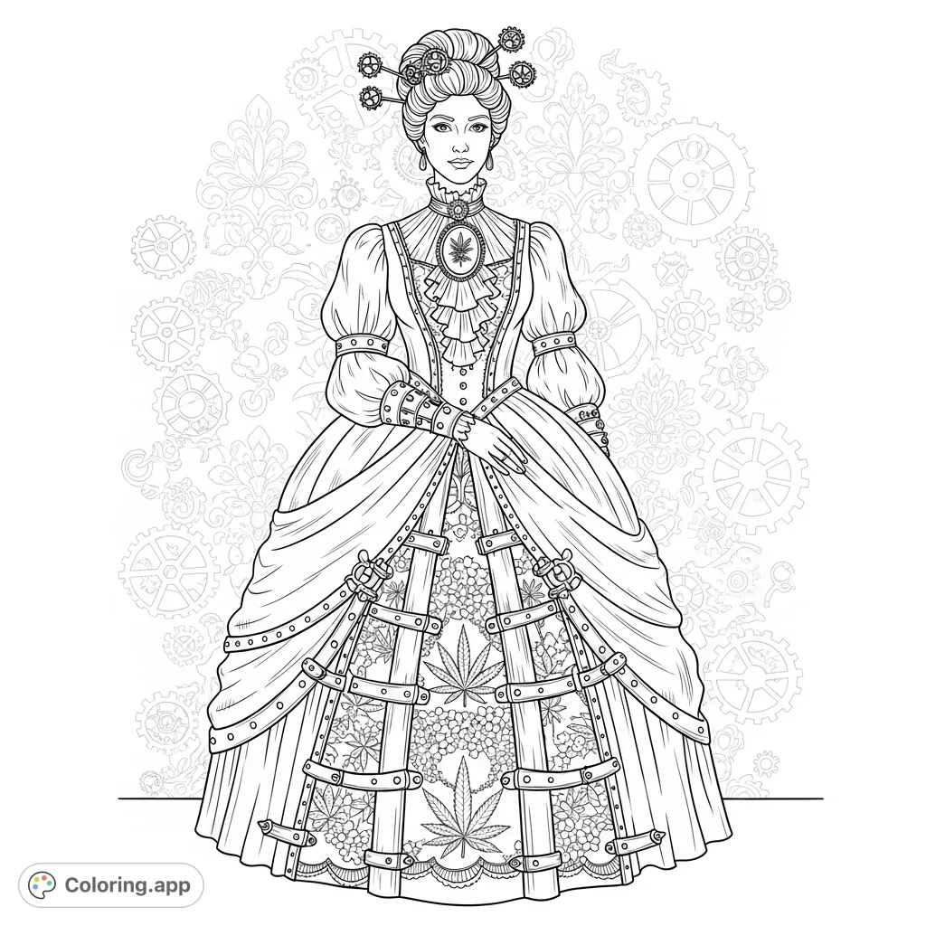 An elegant steampunk cannabis queen in an elaborate gown with gear and cannabis leaf patterns, set against a Victorian backdrop. A unique coloring experience for adults.