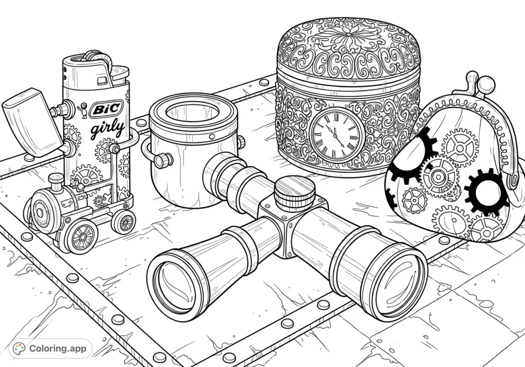 An intricate steampunk collection featuring a detailed pipe, a steam engine lighter, ornate accessories, and a coin purse on a textured metal surface.