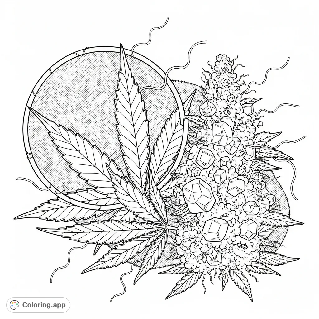 Discover a unique cannabis botanical coloring page featuring intricately detailed leaves and crystalline flowers, rendered with a beautiful stitched-fabric effect. Perfect for adults.