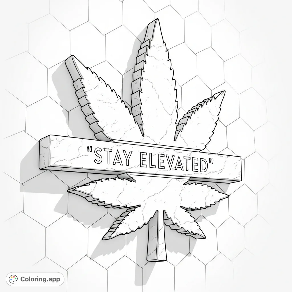 Discover a stylized cannabis leaf emblem, crafted from smooth stone with clean edges and a "Stay Elevated" quote. A modern, inspiring coloring page.