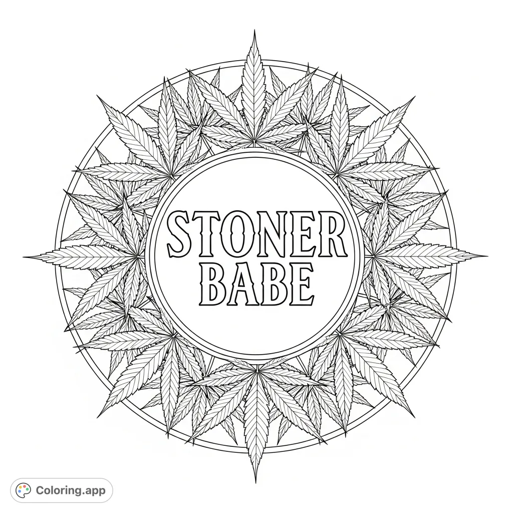 An elaborate Stoner Babe emblem coloring page featuring bold text surrounded by detailed, stylized cannabis leaves within a perfect circular design.
