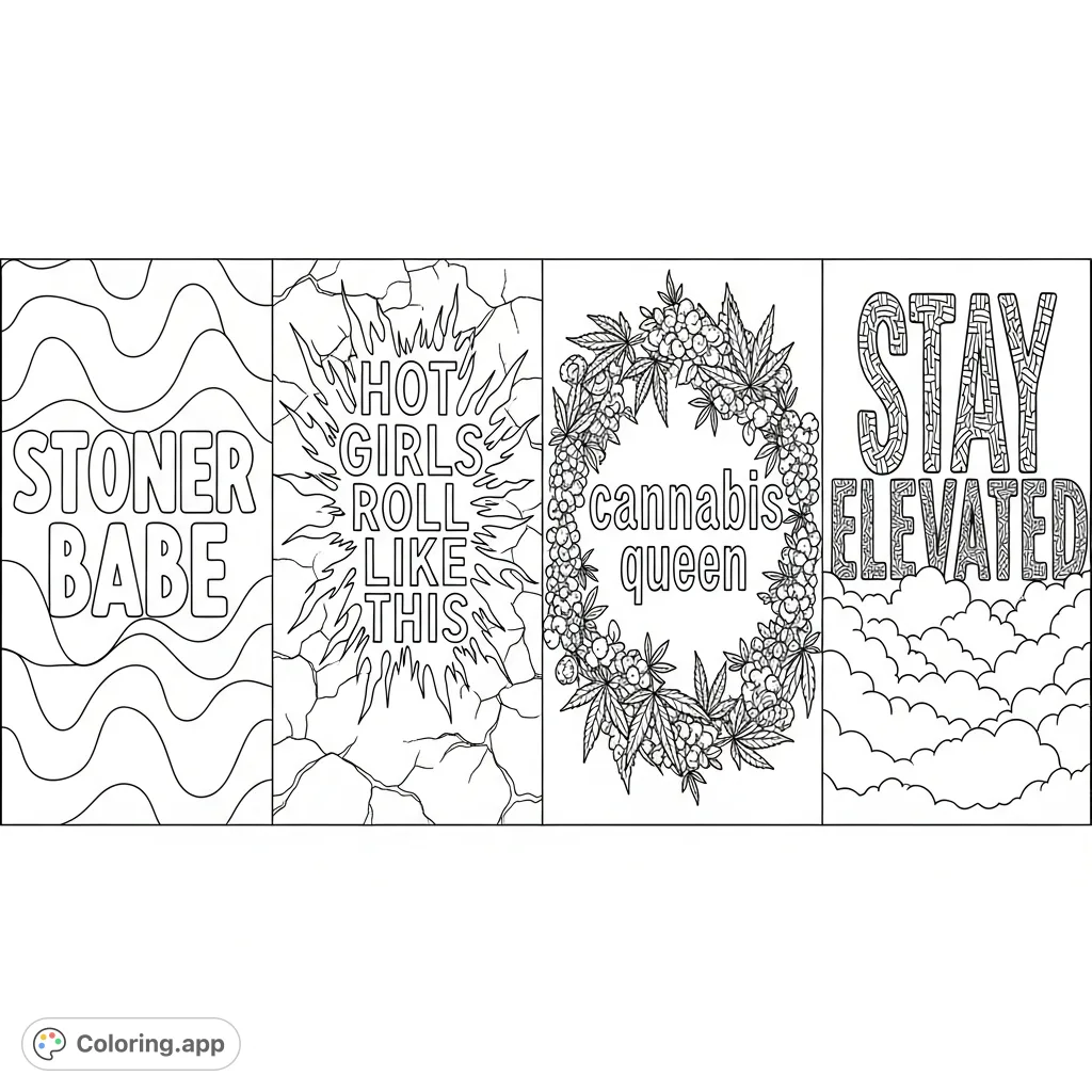 Explore an adult-themed coloring page featuring four unique textual artworks like 'Stoner Babe' and 'Cannabis Queen' on a textured wall background.