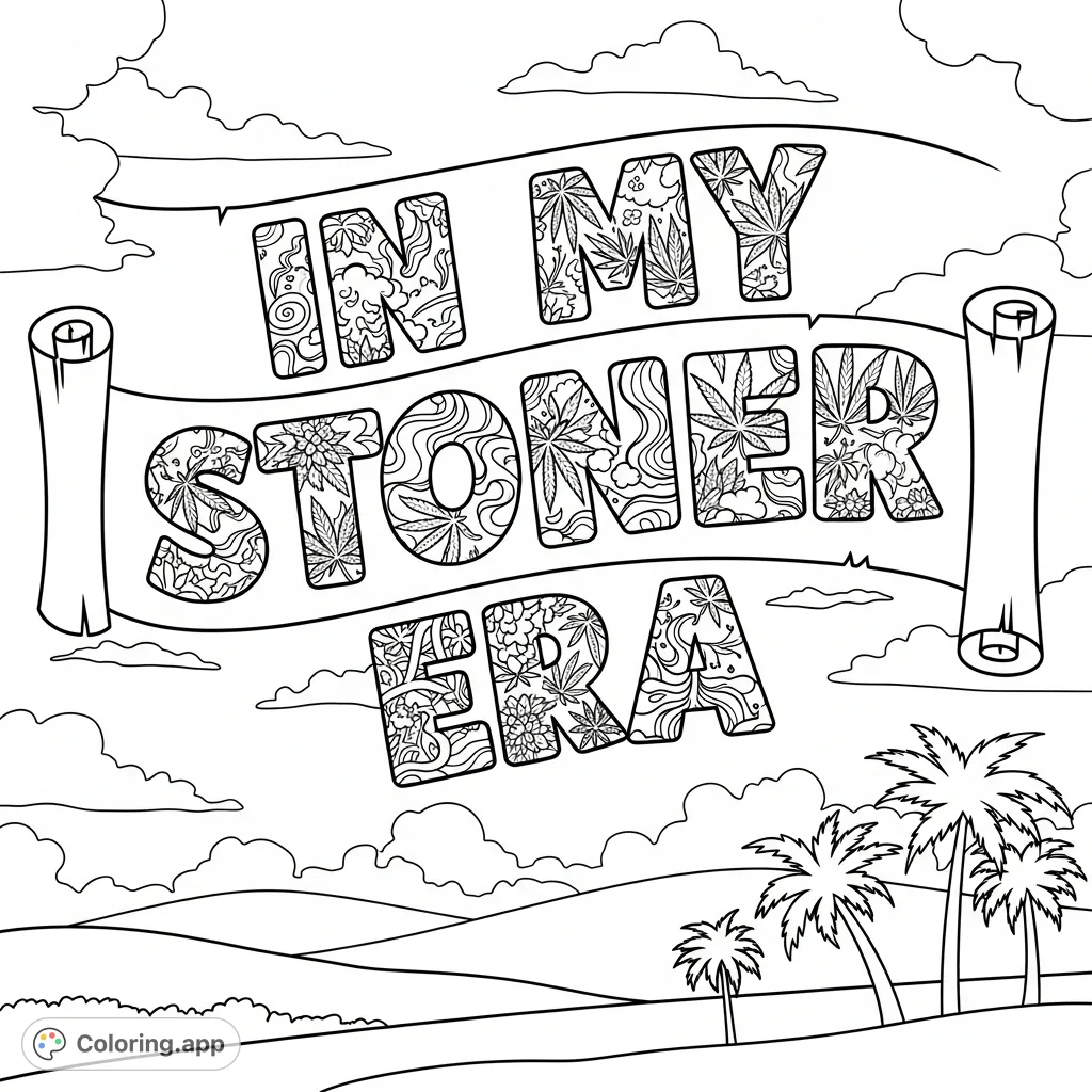Unfurl creativity with this unique 'In my stoner era' banner coloring page, featuring intricate cannabis patterns and a serene landscape.