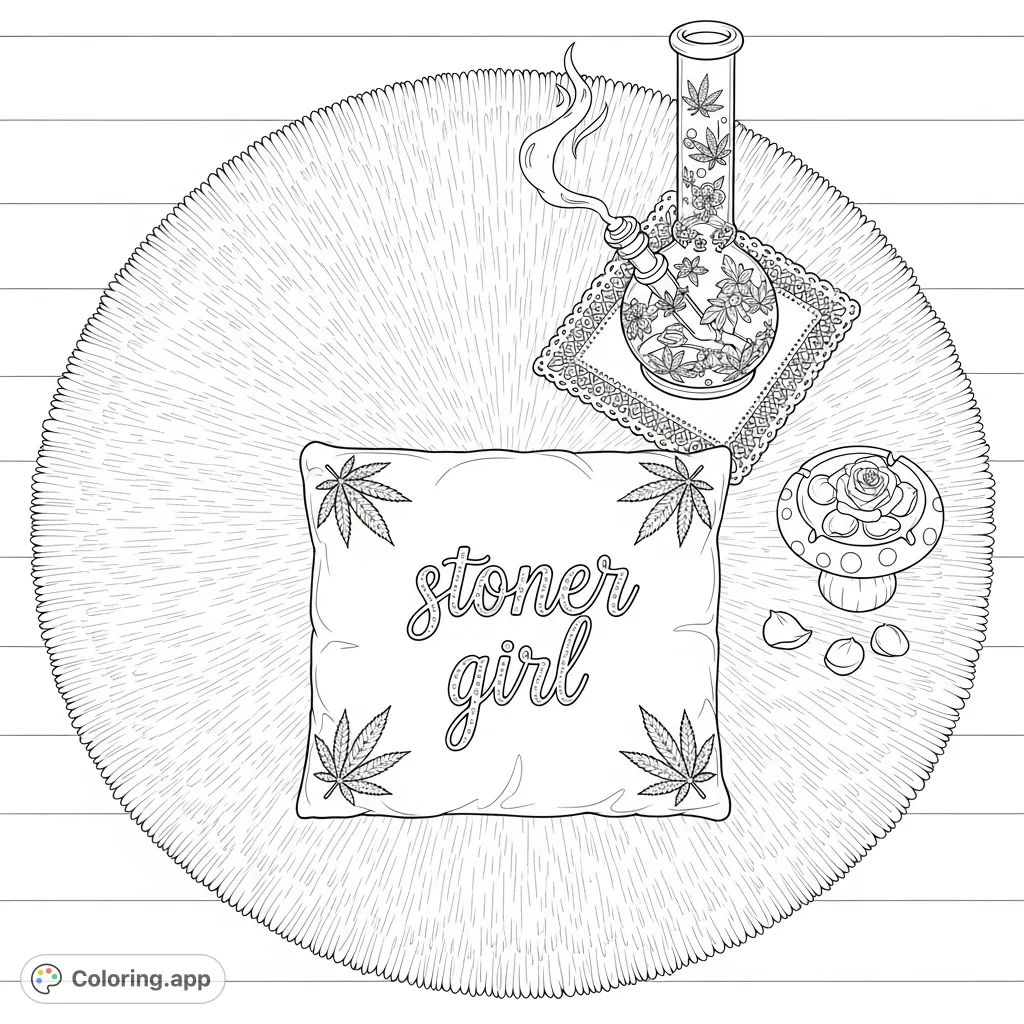 Unwind with this intricate stoner girl coloring page. Features a velvet pillow with cannabis leaf motifs, an elegant glass bong, and delicate rose petals.