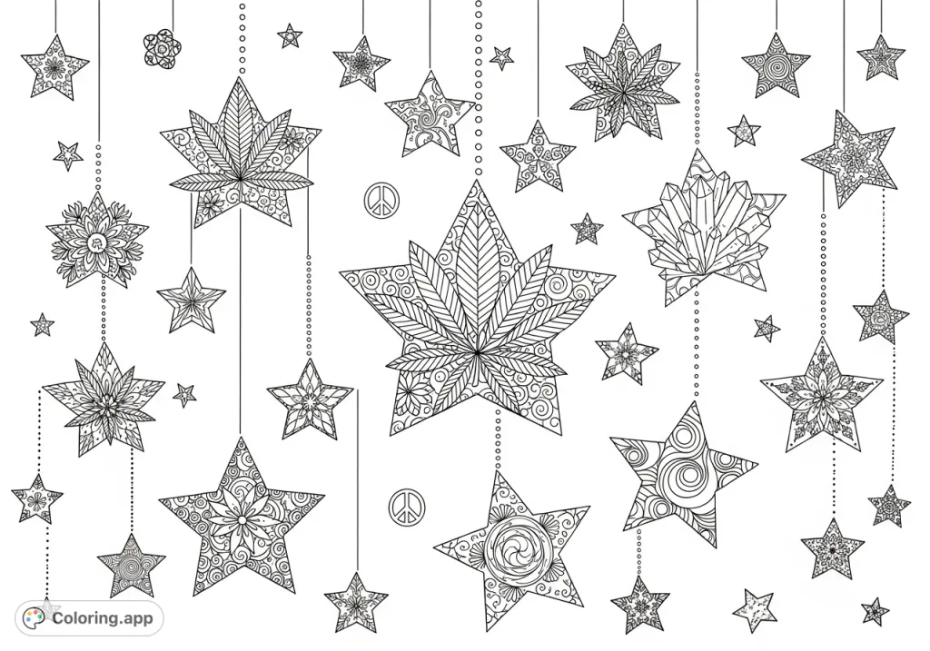 Explore a unique Stoner Girly Constellation coloring page featuring stars filled with intricate cannabis leaves, delicate florals, mystical crystals, and psychedelic swirls.