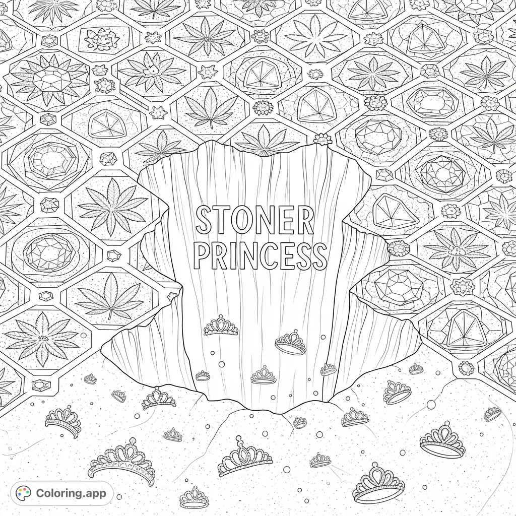 Explore a cosmic chasm where "stoner princess" emerges from a luminous rift, framed by intricate geometric cannabis leaf patterns and brilliant gems. Tiaras float below.