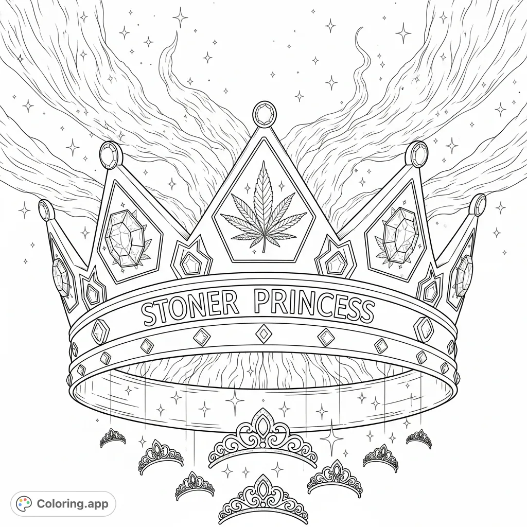 Color an oversized crown featuring "stoner princess" text, intricate cannabis leaf and jewel panels, set against swirling celestial gases and stardust.