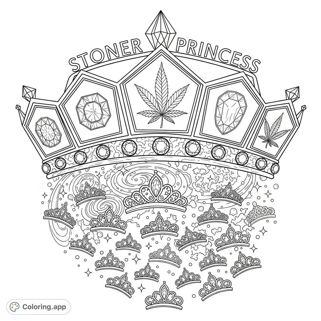 An intricate "stoner princess" crown with cannabis leaves and sparkling jewels, set against a cosmic backdrop, surrounded by tiny glowing tiaras.