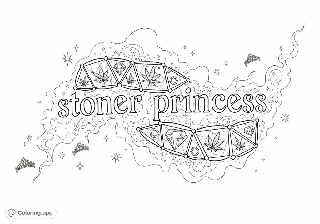 An elegant "stoner princess" text floats within a cosmic nebula of geometric shapes, cannabis leaves, jewels, and distant tiaras, a unique coloring page for adult creativity.