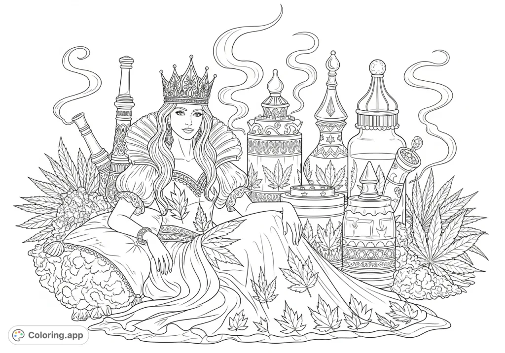 Discover a unique Stoner Princess coloring page. This detailed design features a regal character amidst ornate marijuana accessories and lush plant life, perfect for adults.