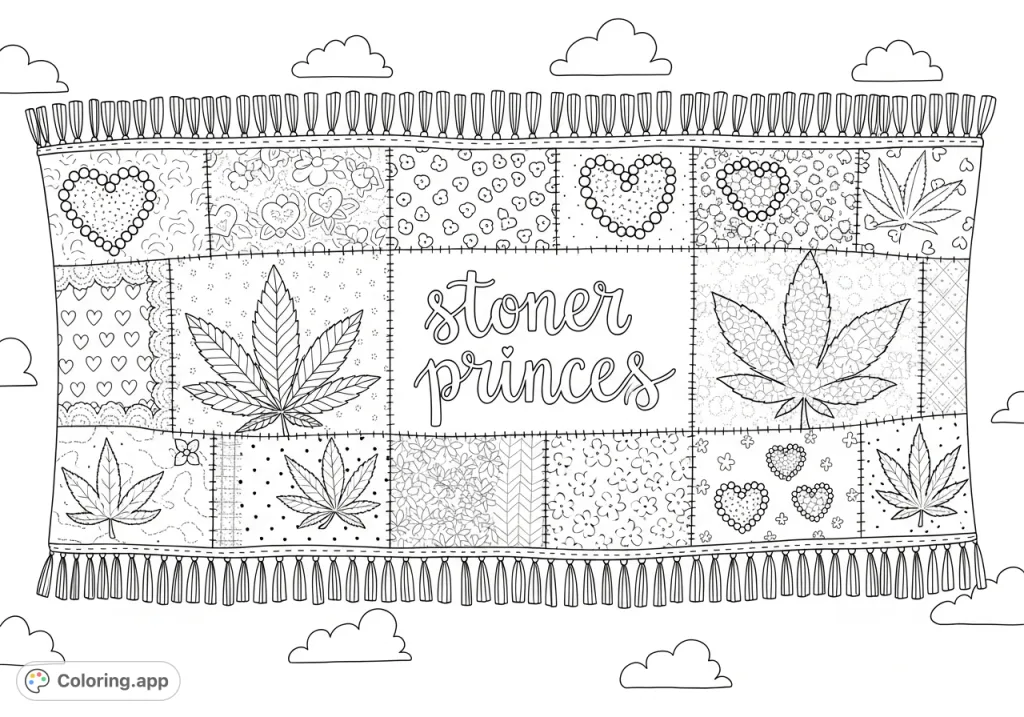 Unfurl a unique cannabis patchwork banner featuring intricate leaf designs, delicate lace, luminous beads, and "stoner princess" script. A detailed coloring page for adults.