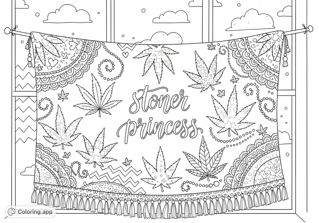 An intricate coloring page featuring a textile banner with elaborate cannabis leaf patchwork, delicate lace, lustrous beads, and 'stoner princess' in flowing script. Perfect for adult colorists.