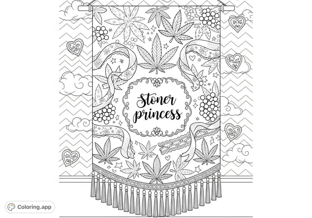 An intricate adult coloring page featuring a textile banner adorned with cannabis leaf patches, delicate lace, beads, and "stoner princess" script.