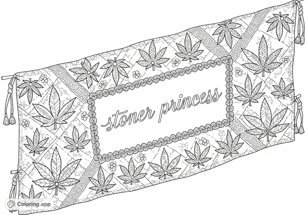 An ornate textile banner features patchwork cannabis leaf motifs, shimmering beads, and delicate lace, with "stoner princess" in elegant script.