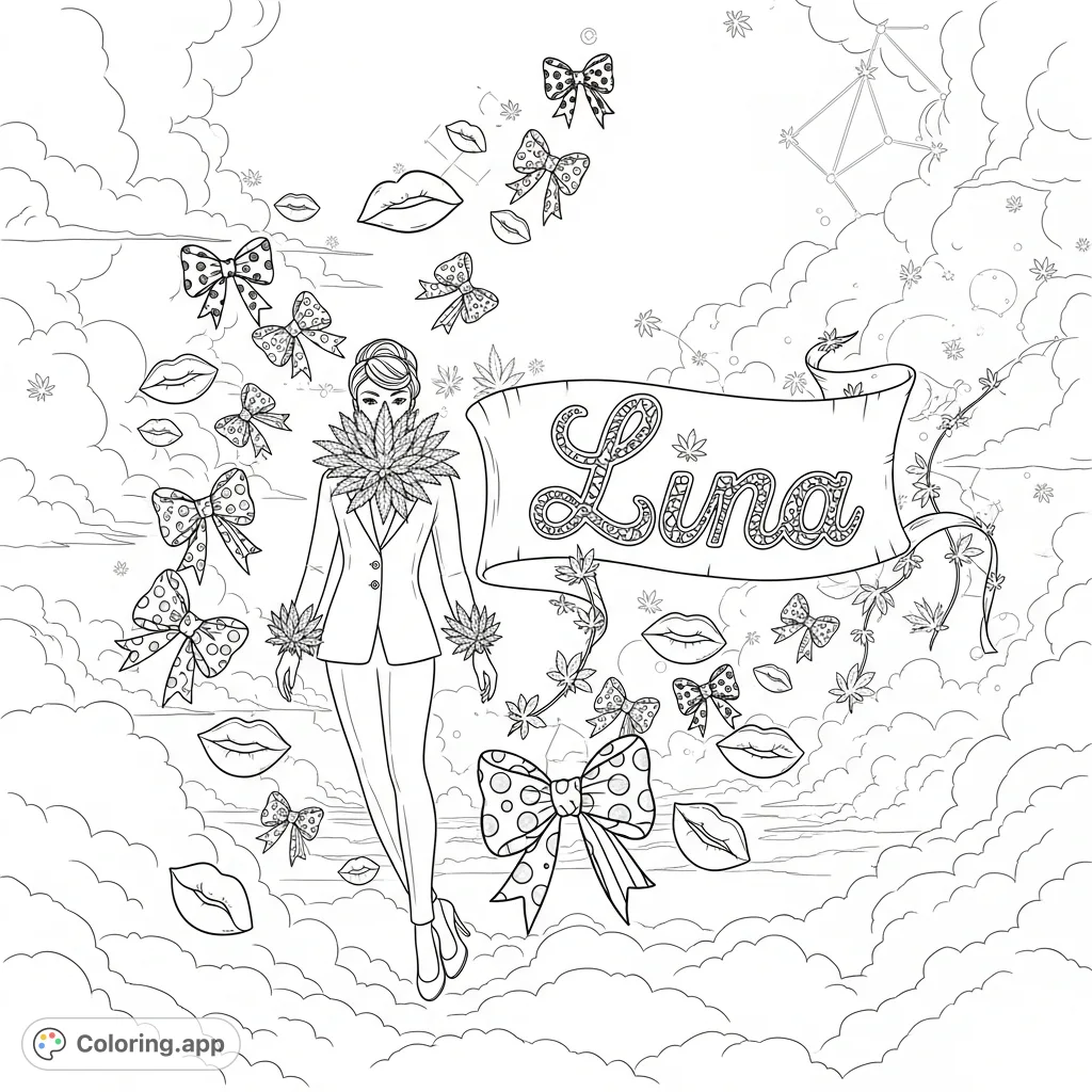 A stylish cannabis figure floats elegantly in a cannabis mist with an ornate "Lina" banner, surrounded by lips and bows in a celestial cannabis sky.