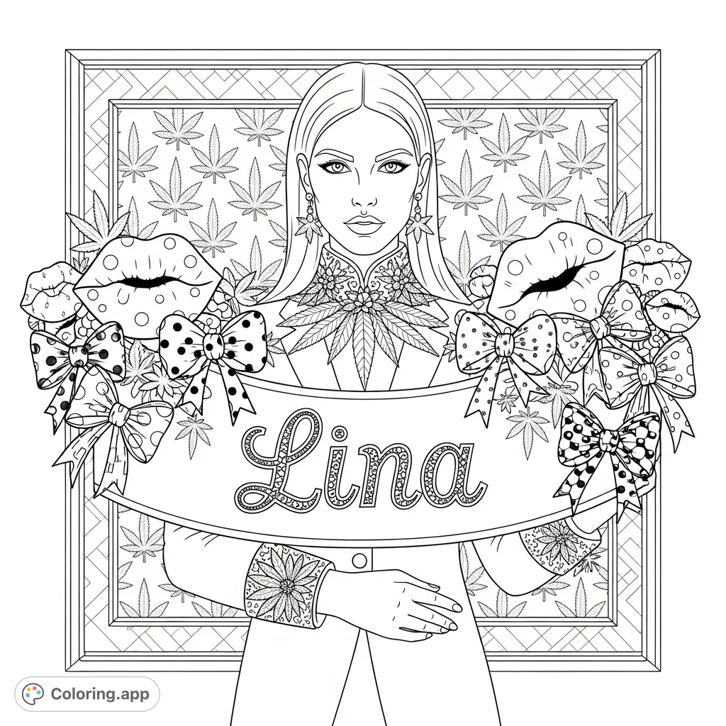 An elegant cannabis figure in a tailored outfit holds an ornate banner with "Lina" in intricate lettering, surrounded by patterned bows and leaves.
