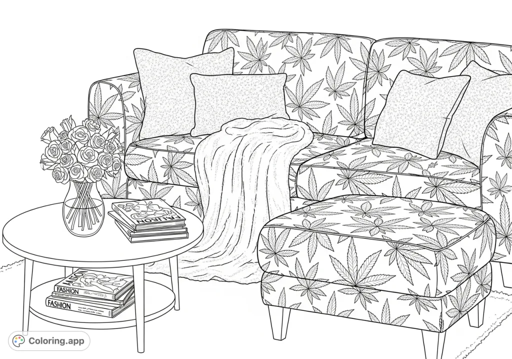 Explore a luxurious living room featuring a sofa and ottoman with a unique cannabis leaf print, adorned with glittering pillows, a faux-fur blanket, and fresh flowers.
