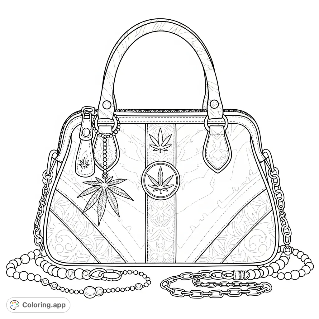 A stylish medium-sized purse adorned with intricate Marijuana girly accessories, featuring leaf motifs, decorative elements, and unique patterns for adult colorists.