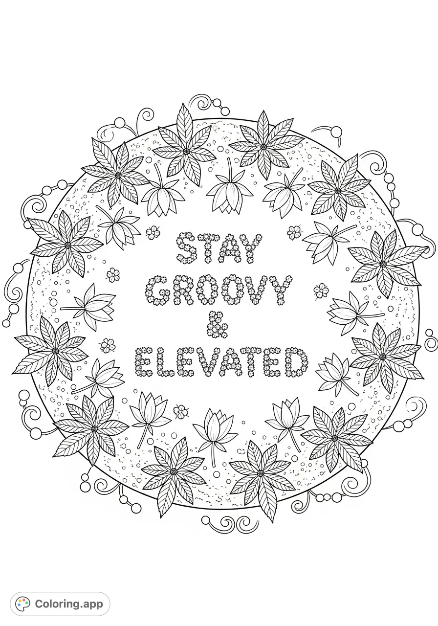 An intricate circular garden features stylized cannabis plants with complex leaf patterns, centered by radiant flowers spelling "Stay Groovy & Elevated." Whimsical swirls adorn the perimeter.