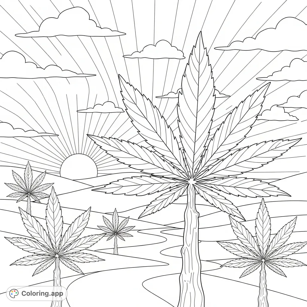 Explore a bold, simple cannabis land coloring page with stylized plants, rolling hills, and a radiant sun, perfect for creative adult relaxation.