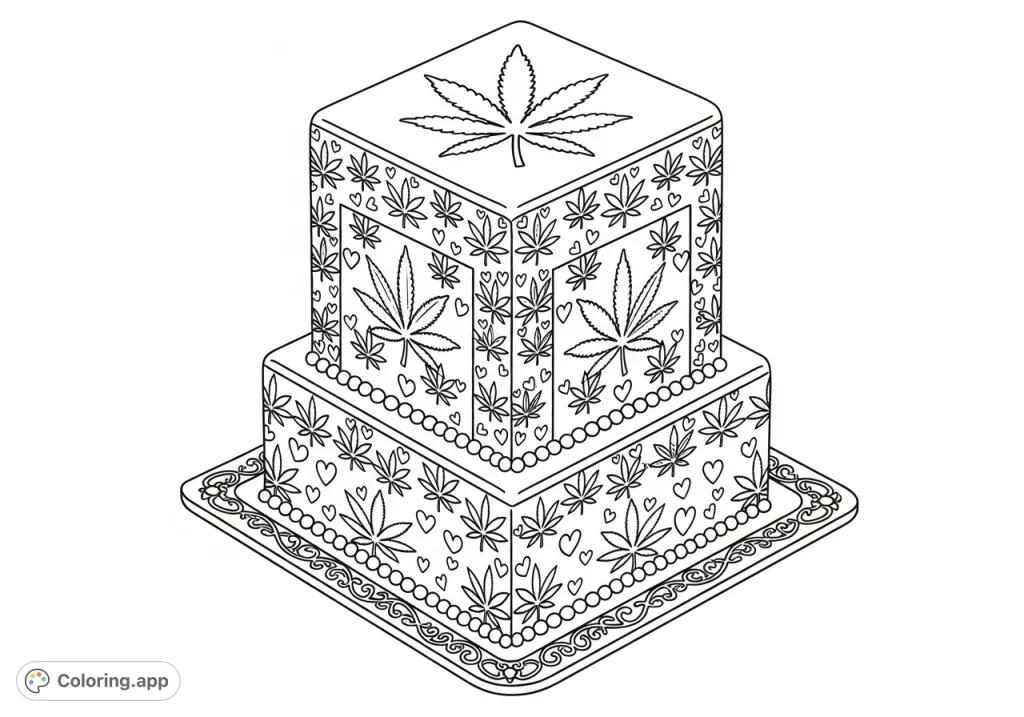 An intricate coloring page featuring a towering square cake adorned with repeating cannabis leaf stencil patterns and a grand central leaf design. Perfect for detailed coloring.