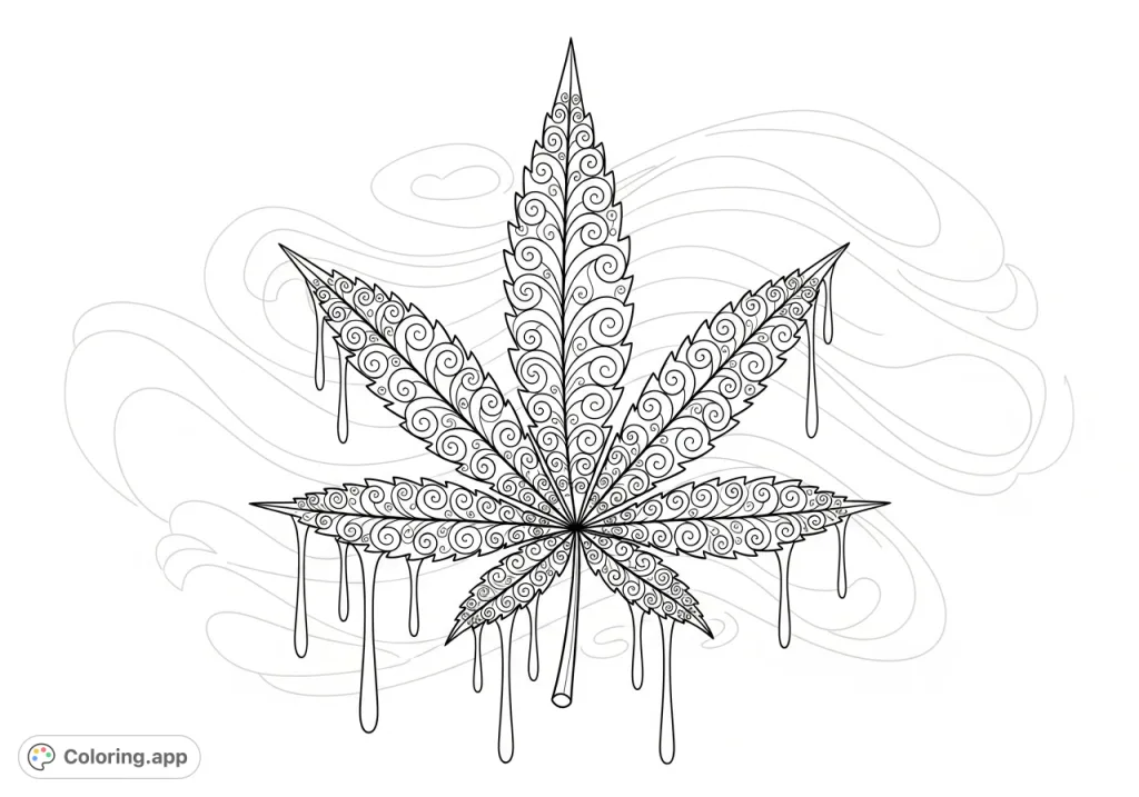 A captivating stylized cannabis leaf adorned with intricate swirl patterns and delicate drips, set against a soft, abstract background. A unique and flowing design.