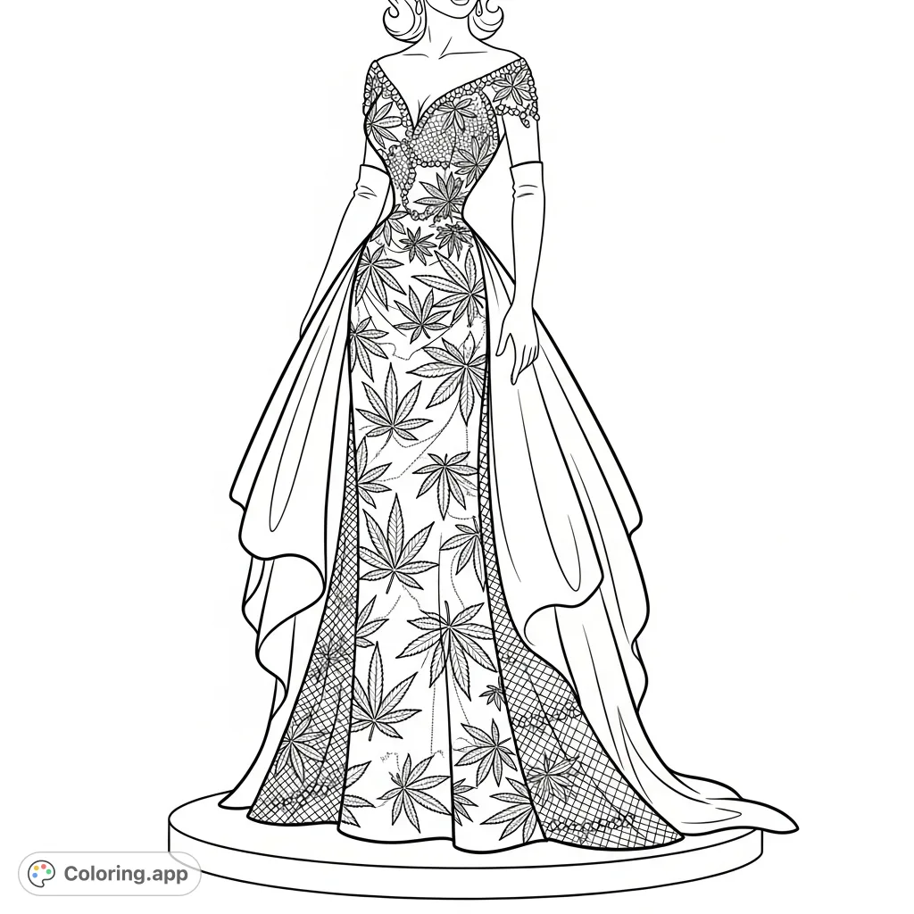 An elegant formal gown featuring an intricate pattern of stylized leaves, worn by a 50s pinup model on an elevated platform for a captivating fashion display.