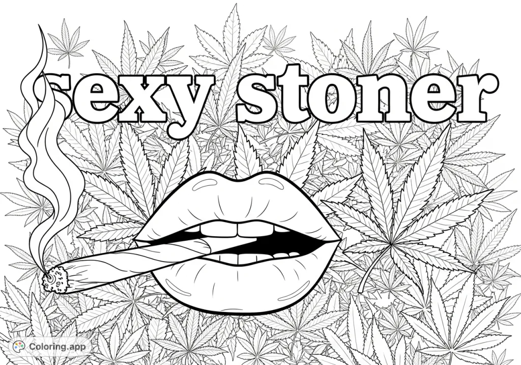 A provocative adult coloring page featuring stylized lips holding a hand-rolled object, set against a dense, textured background of marijuana leaves.