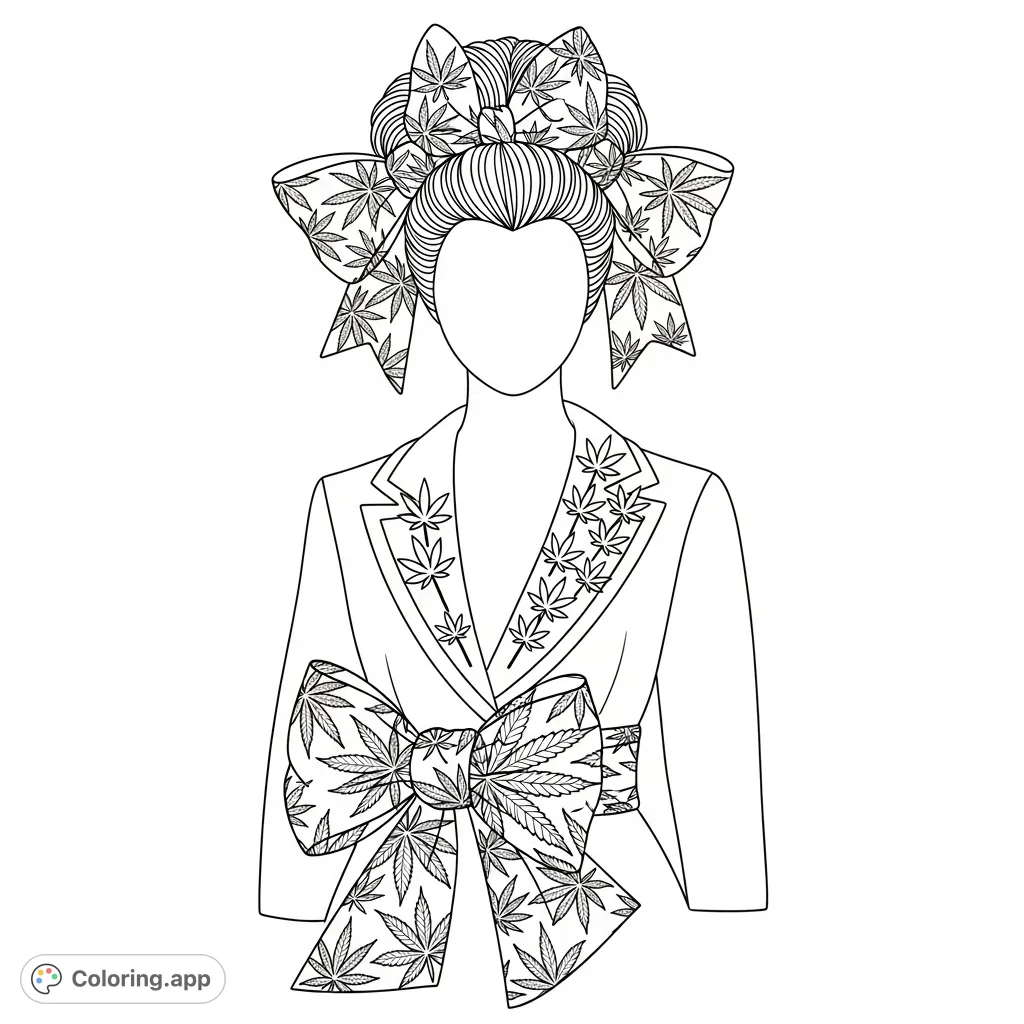 Color a stylized mannequin adorned with fashion accessories featuring bold marijuana leaf print patterns on oversized bows, a sash, and decorative pins.