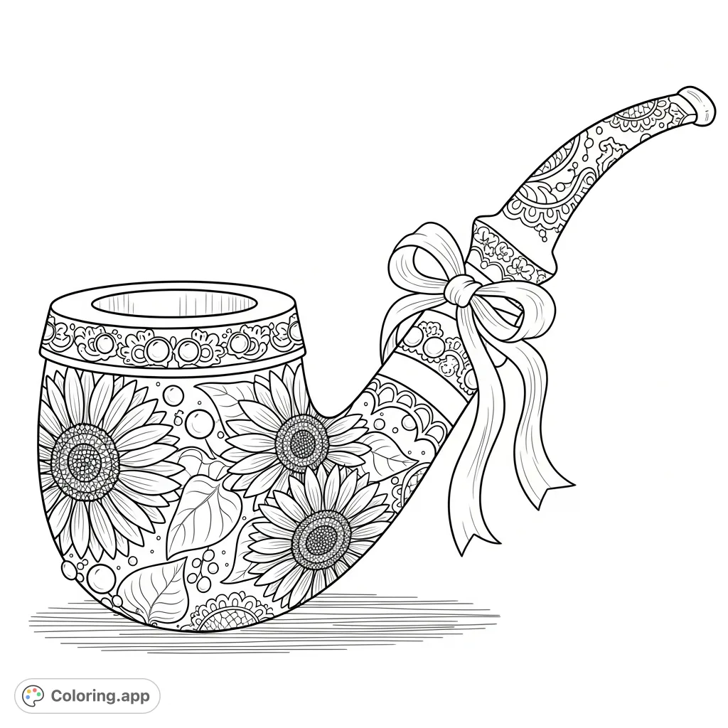 A unique pipe adorned with intricate sunflower etchings, delicate ribbons, lustrous pearls, and elegant lace patterns. A whimsical design perfect for creative coloring.