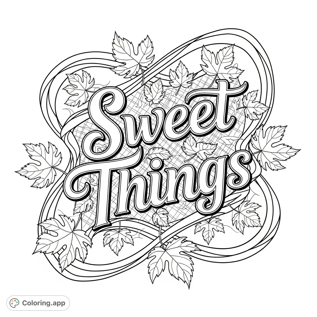 Color a dynamic "Sweet Things" script with elaborate flourishes, swirling serrated leaves, a ribbon border, and a delicate checkered backdrop.