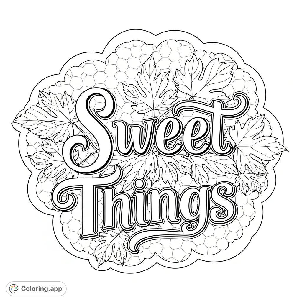 An intricate "Sweet Things" script art coloring page featuring elegant lettering, detailed foliage, a whimsical scalloped frame, and a subtle hexagonal background.