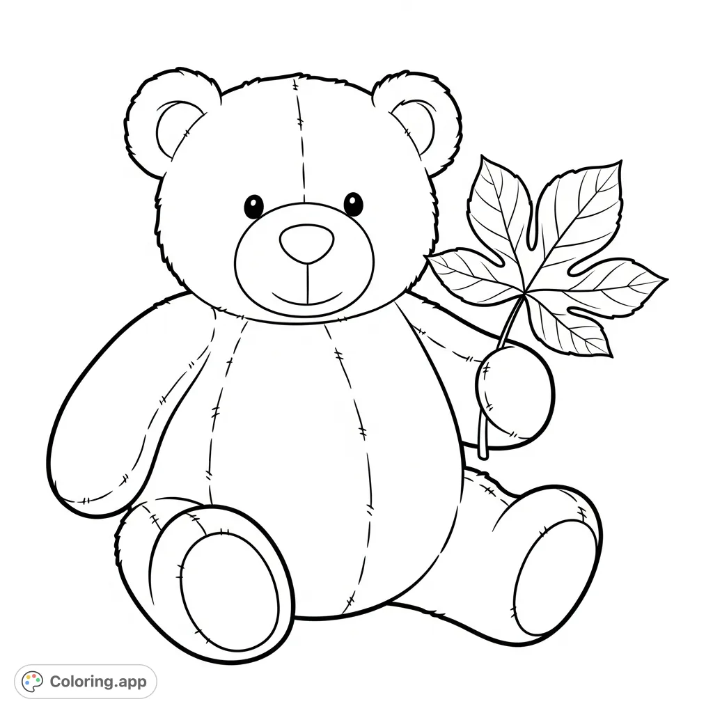 Color a charming teddy bear gently holding a distinctive five-lobed leaf. Perfect for unique adult coloring page fans seeking relaxation.