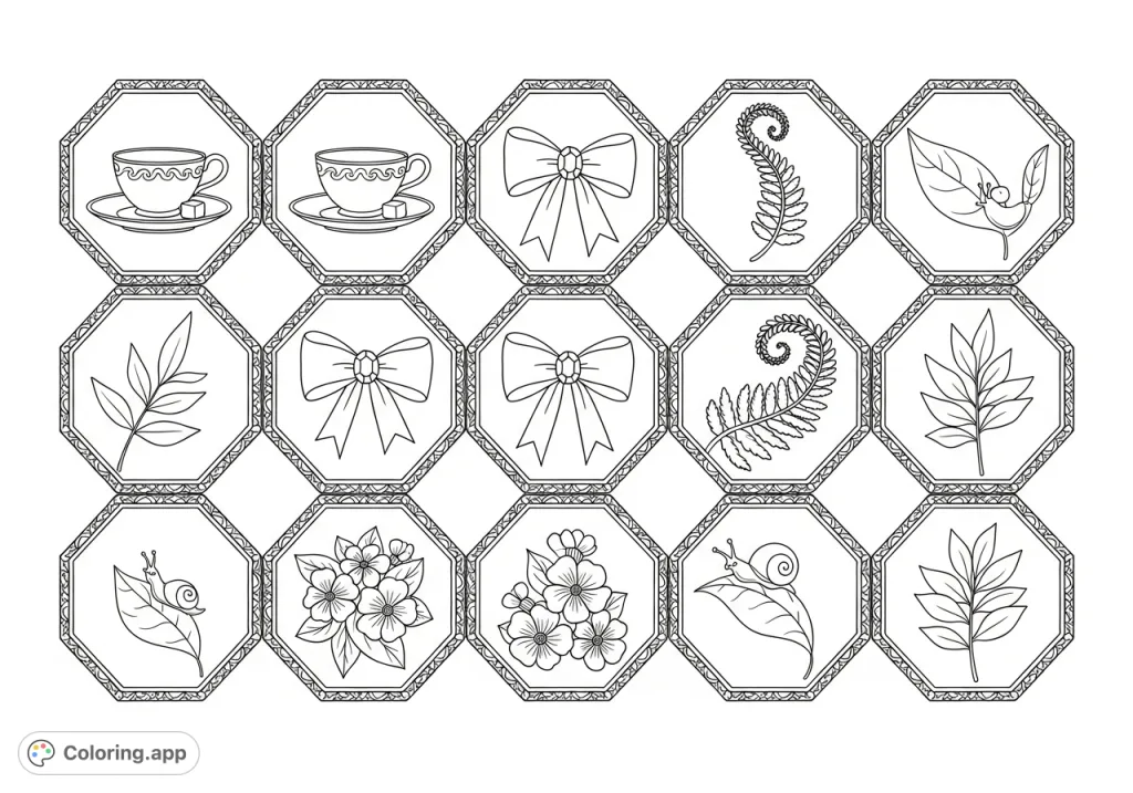 Explore a detailed wall covering featuring tessellated hexagons, each adorned with intricate filigree and unique elements: teacups, bows, blossoms, and leafy sprigs with snails.