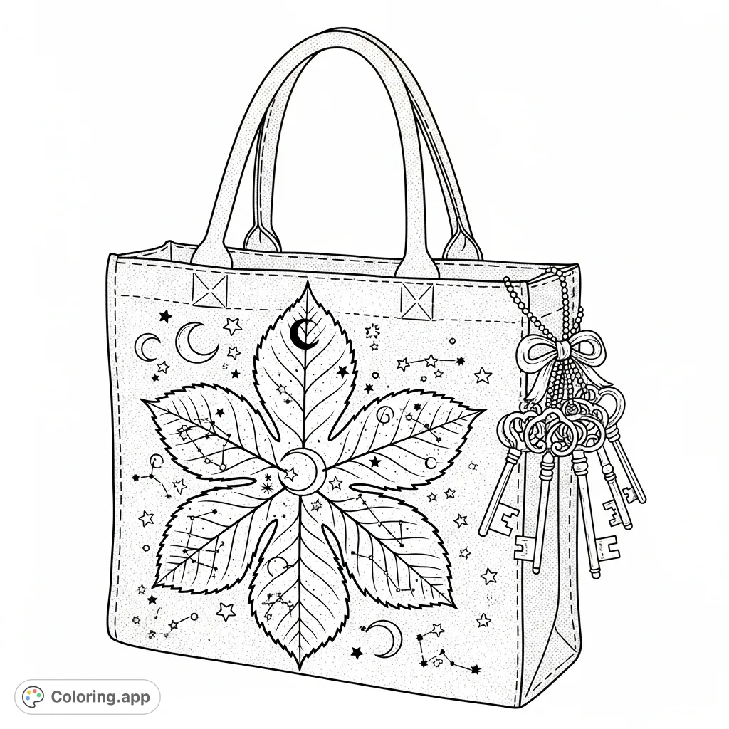 A distinctive tote bag featuring a prominent seven-lobed leaf design with intricate details, offering a unique adult coloring experience.
