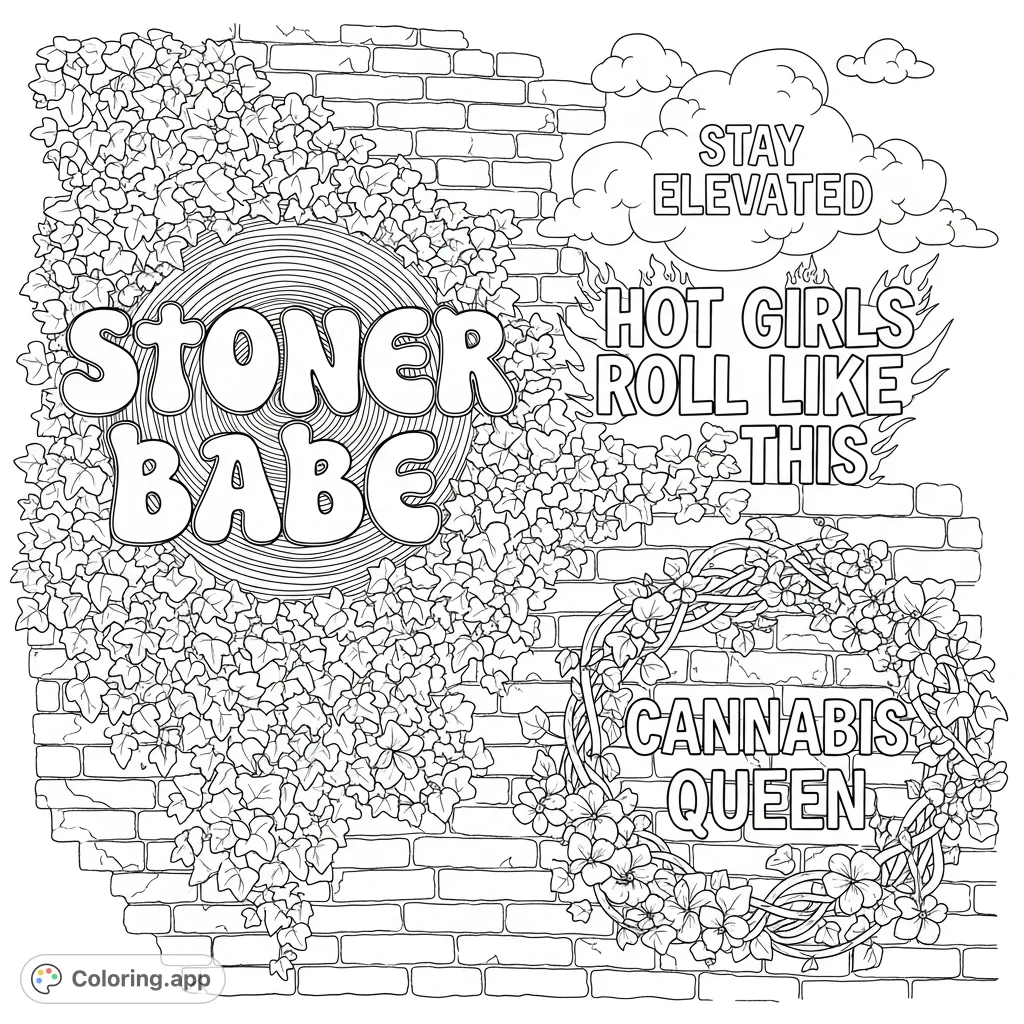 Explore a vibrant street art scene on a crumbling, ivy-covered wall featuring bold typography like "stoner babe" and "cannabis queen" amidst urban decay.