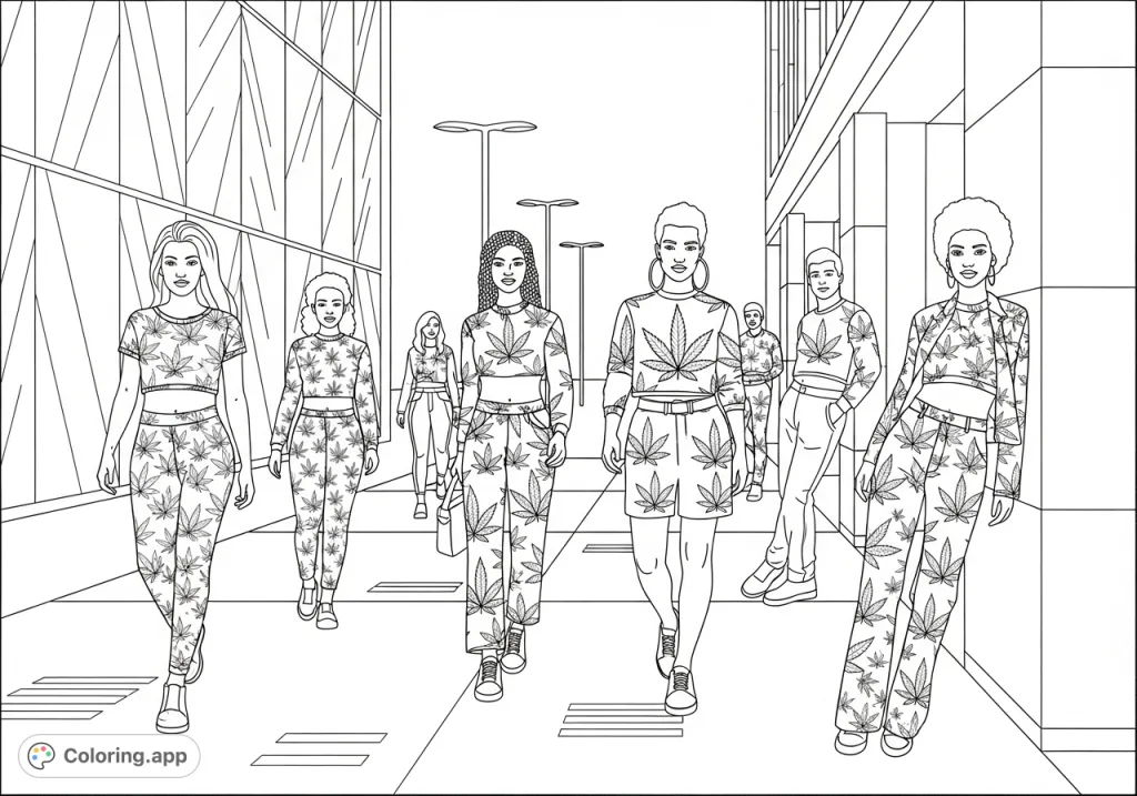 A bustling street scene with diverse individuals showcasing stylish two-piece garments intricately patterned with cannabis leaves against an urban backdrop of buildings and streetlights.