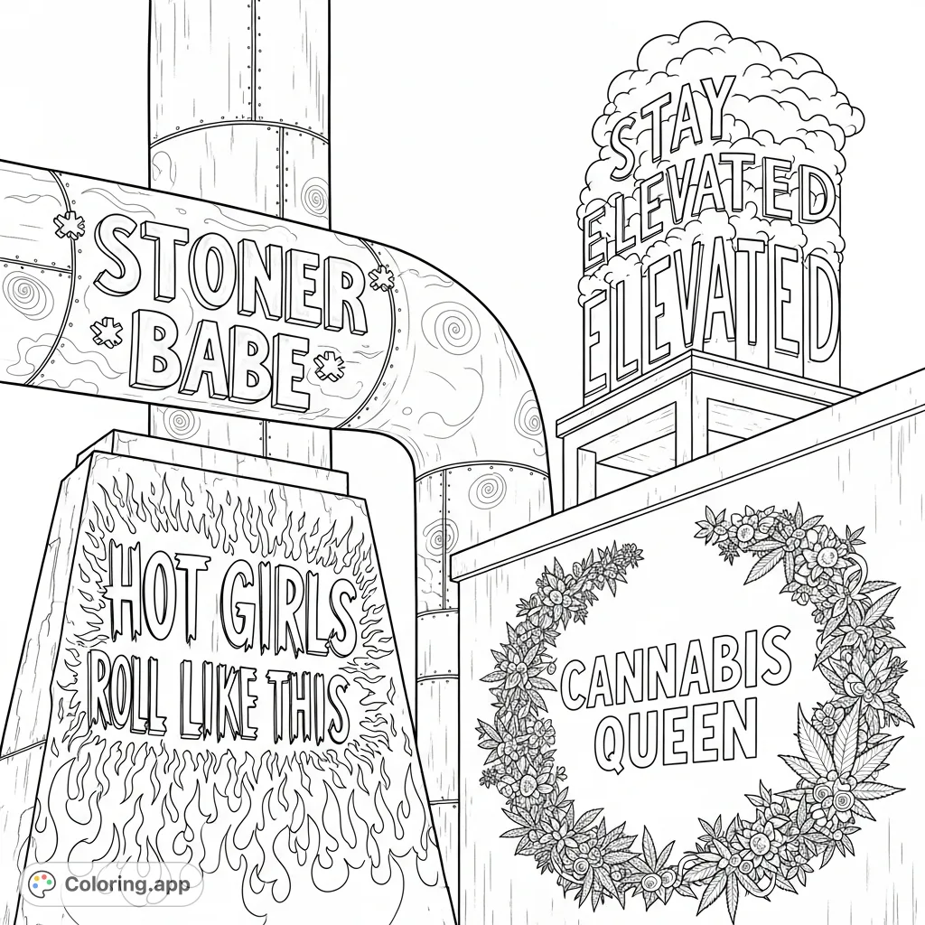 Explore an edgy urban scene with powerful text art: 'stoner babe', 'Hot girls roll like this', 'cannabis queen' with wreath, and 'stay elevated' on clouds. Adult coloring page.