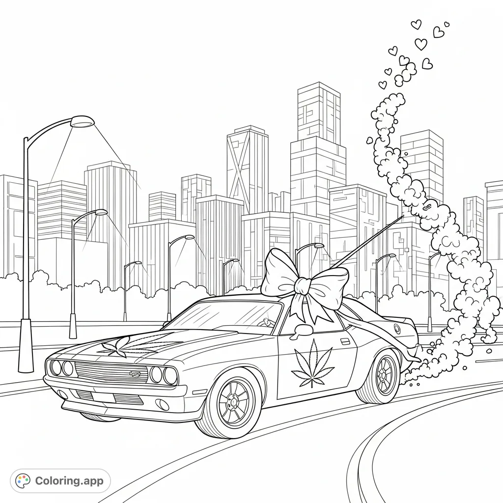 Unleash your creativity on this detailed muscle car coloring page, featuring stylized cannabis leaf decals and heart-shaped smoke on an urban street.