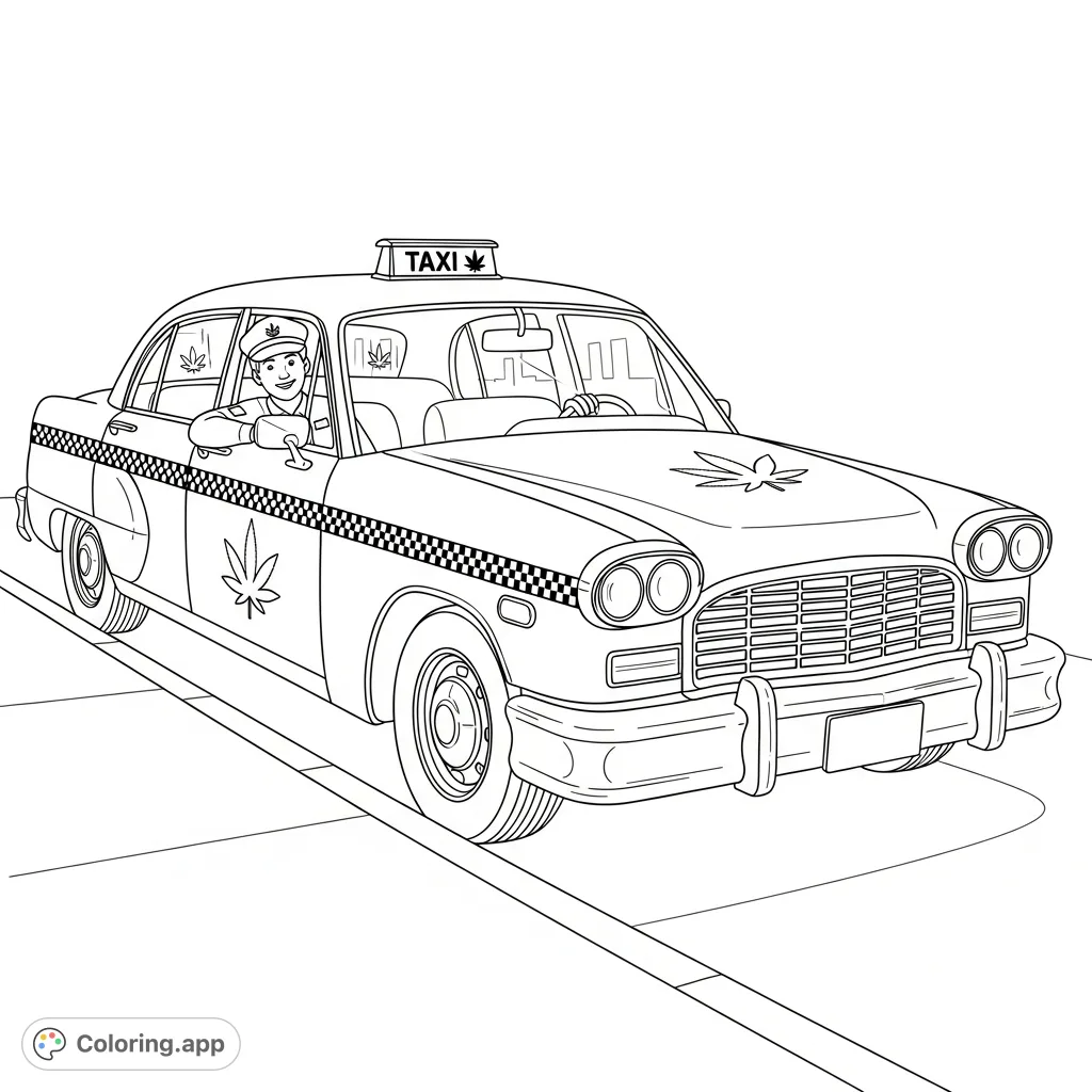 A unique urban taxi coloring page, featuring a classic cab with stylized cannabis leaf emblems. Perfect for adult colorists exploring distinct themes.