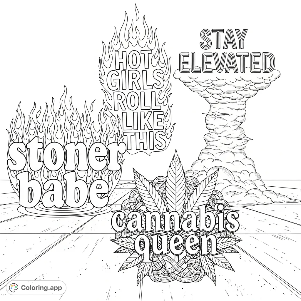 Explore a dynamic concrete canvas featuring bold typography, intricate cannabis motifs, and ethereal clouds, perfect for creative adult expression.
