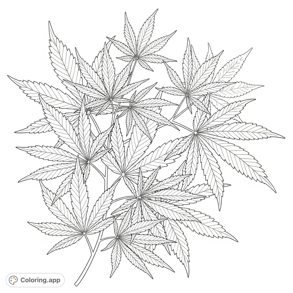 Explore a dynamic composition of cannabis leaves, showcasing intricate structures and overlapping textures. A detailed botanical coloring page for mindful adults.